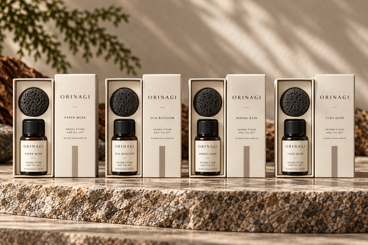 ORINAGI Aroma Stone and Oil Set scent collection — packaging concepts; sold individually
