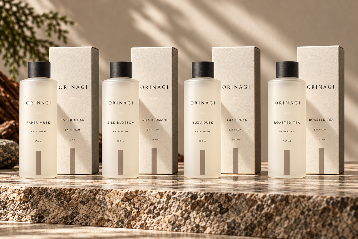 ORINAGI Bath Foam scent collection — packaging concepts; sold individually