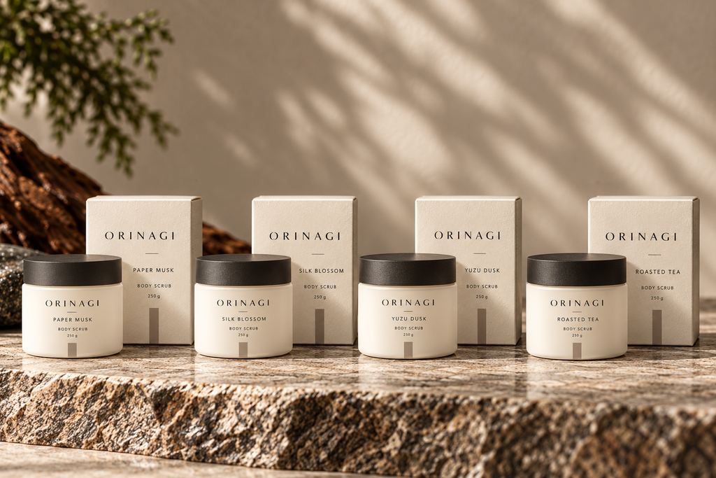 ORINAGI Body Scrub scent collection — packaging concepts; sold individually