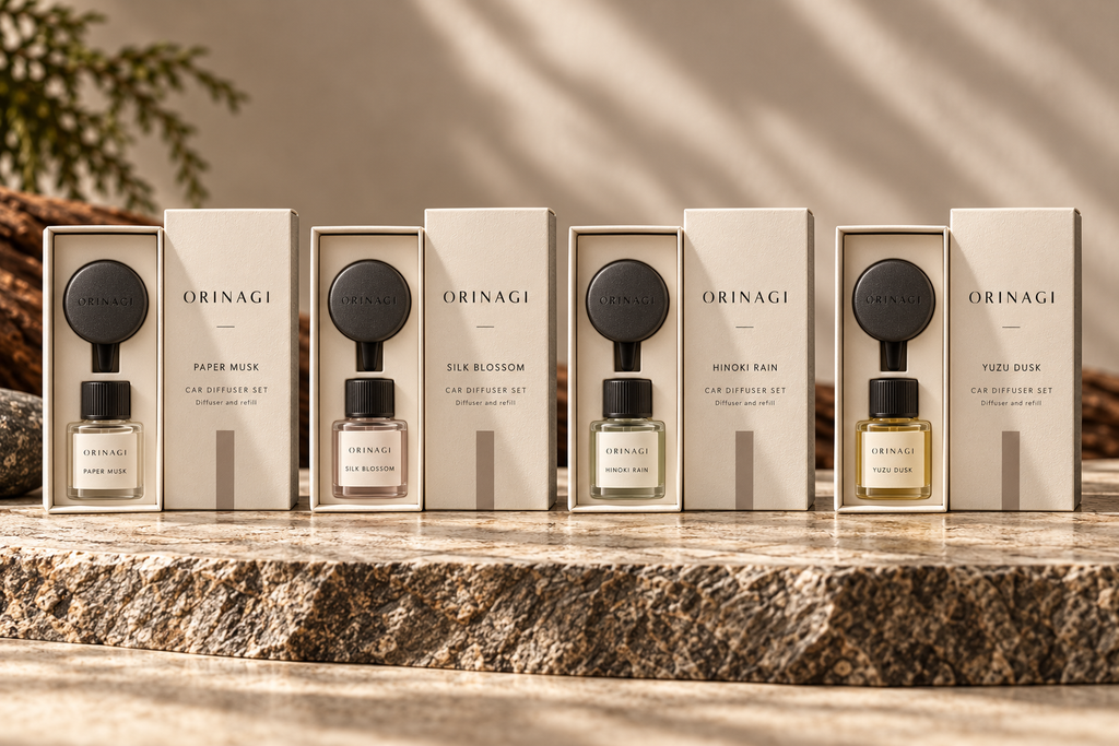 ORINAGI Car Diffuser Set scent collection — packaging concepts; sold individually