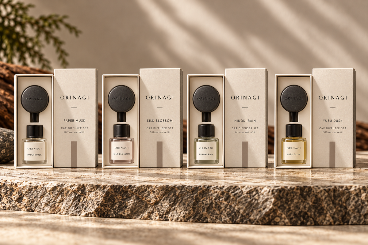 ORINAGI Car Diffuser Set scent collection — packaging concepts; sold individually