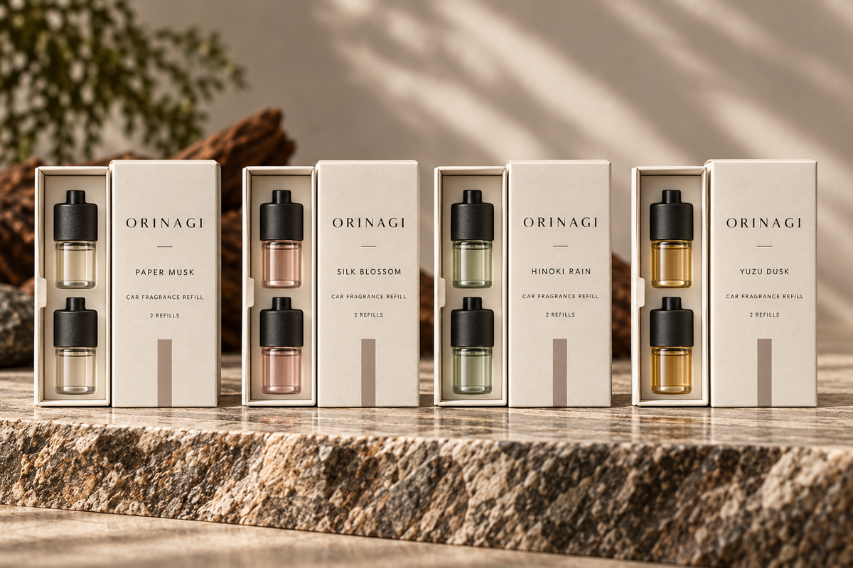 ORINAGI Car Fragrance Refill scent collection — packaging concepts; sold individually