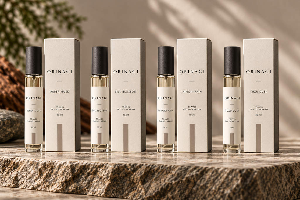ORINAGI Travel Eau de Parfum scent collection — packaging concepts; sold individually