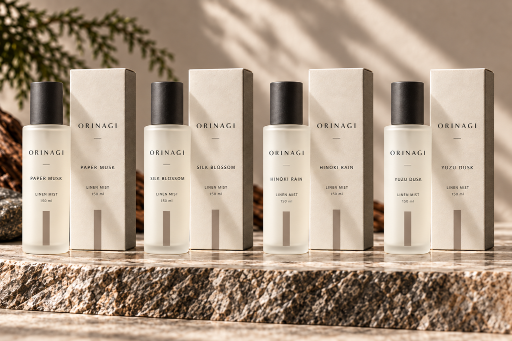 ORINAGI Linen Mist scent collection — packaging concepts; sold individually