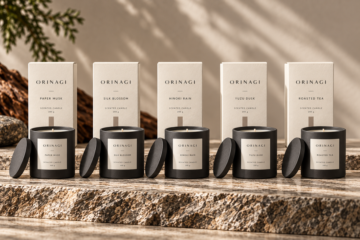 ORINAGI Scented Candle scent collection — packaging concepts; sold individually