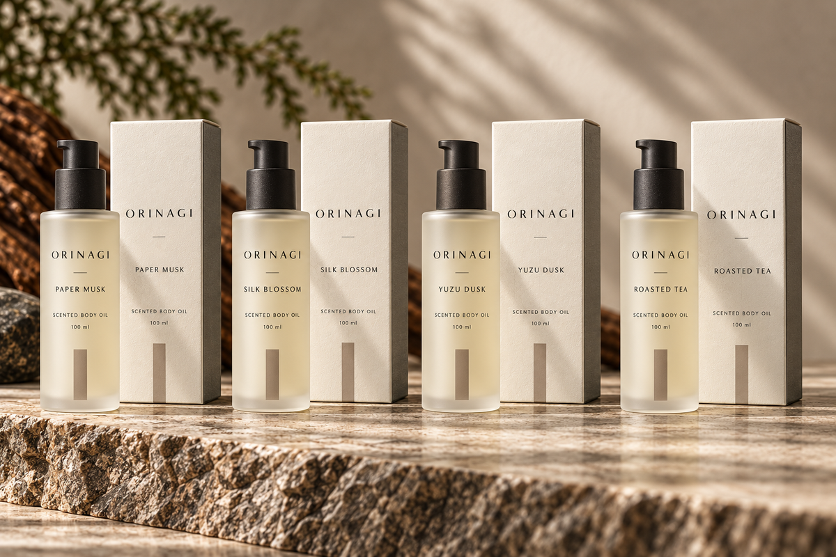 ORINAGI Scented Body Oil scent collection — packaging concepts; sold individually