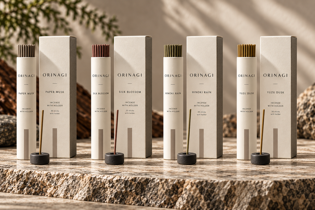 ORINAGI Incense with Holder scent collection — packaging concepts; sold individually