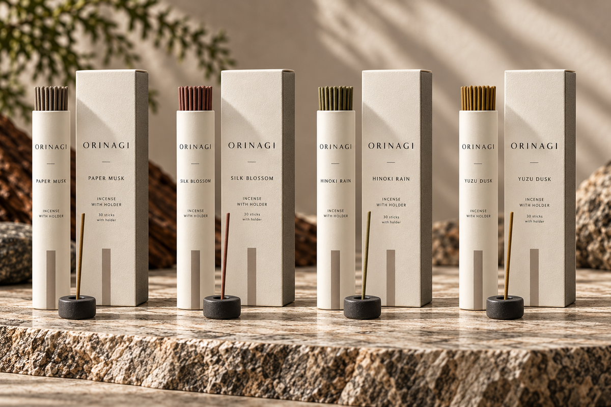 ORINAGI Incense with Holder scent collection — packaging concepts; sold individually