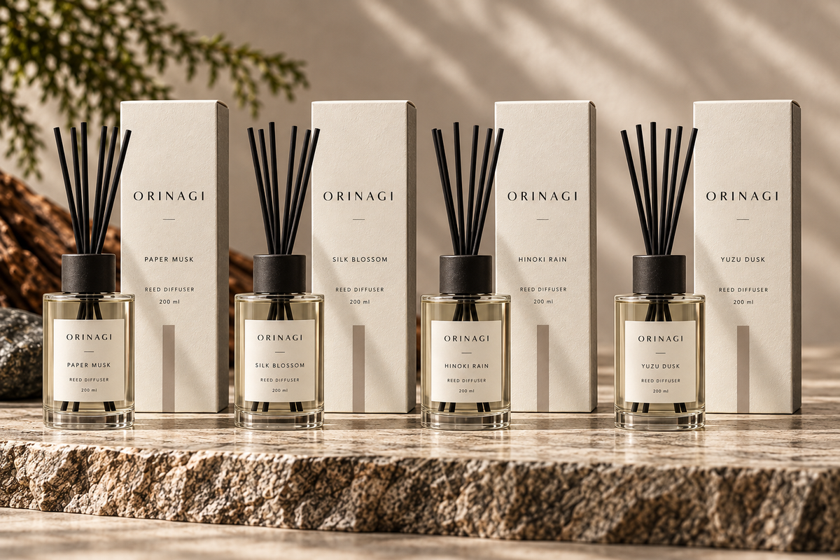 ORINAGI Reed Diffuser scent collection — packaging concepts; sold individually