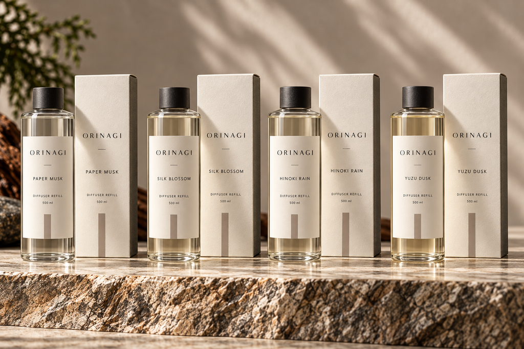 ORINAGI Diffuser Refill scent collection — packaging concepts; sold individually
