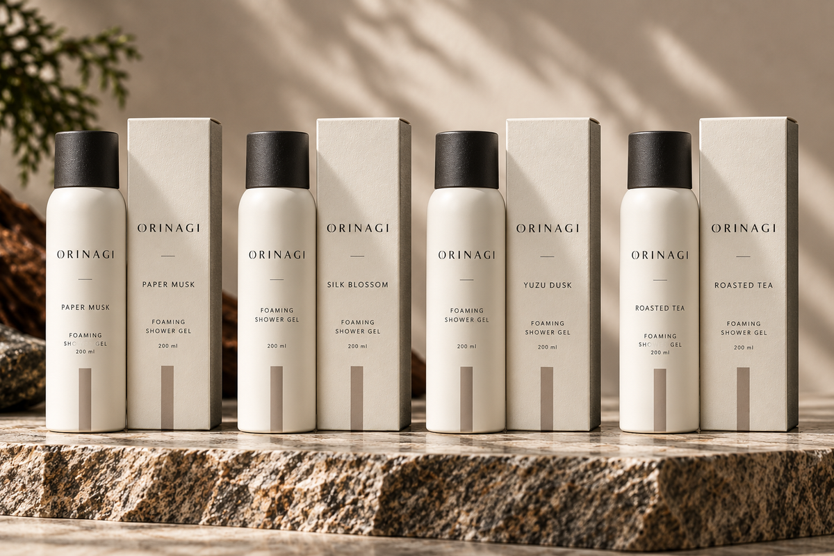 ORINAGI Foaming Shower Gel scent collection — packaging concepts; sold individually