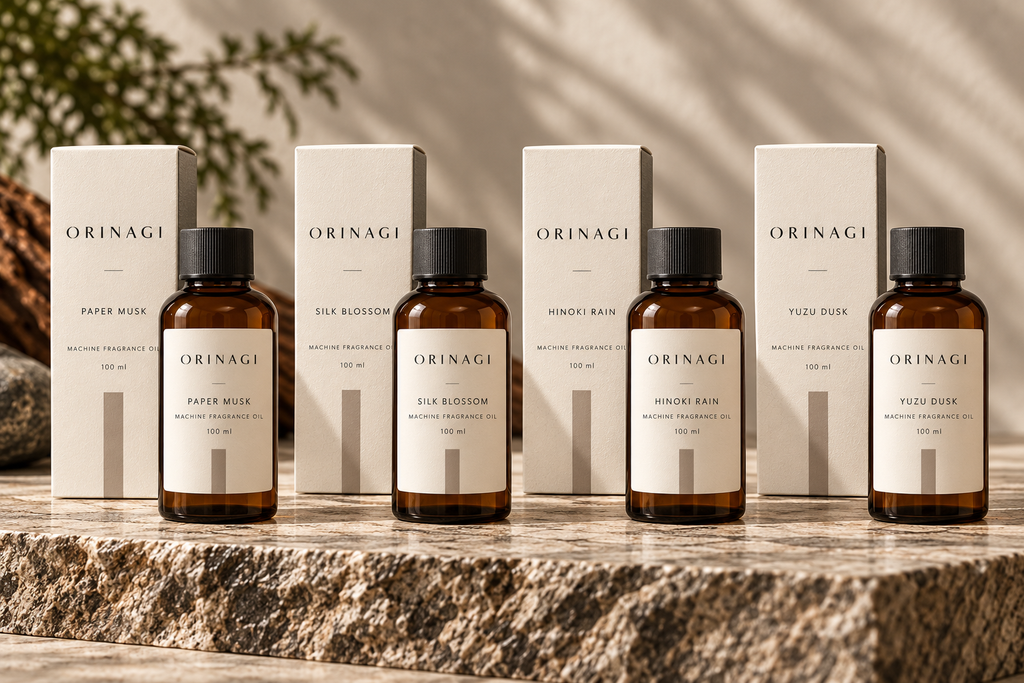 ORINAGI Machine Fragrance Oil scent collection — packaging concepts; sold individually