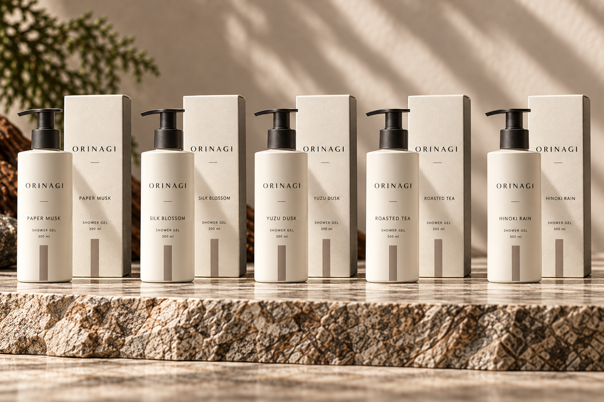 ORINAGI Shower Gel scent collection — packaging concepts; sold individually