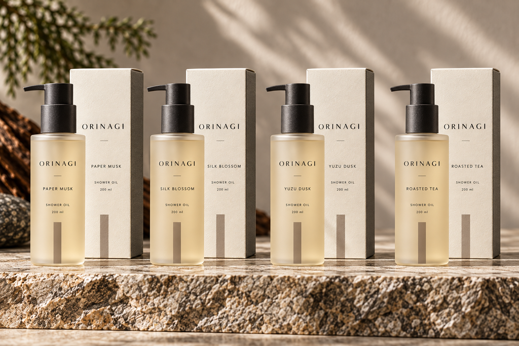 ORINAGI Shower Oil scent collection — packaging concepts; sold individually